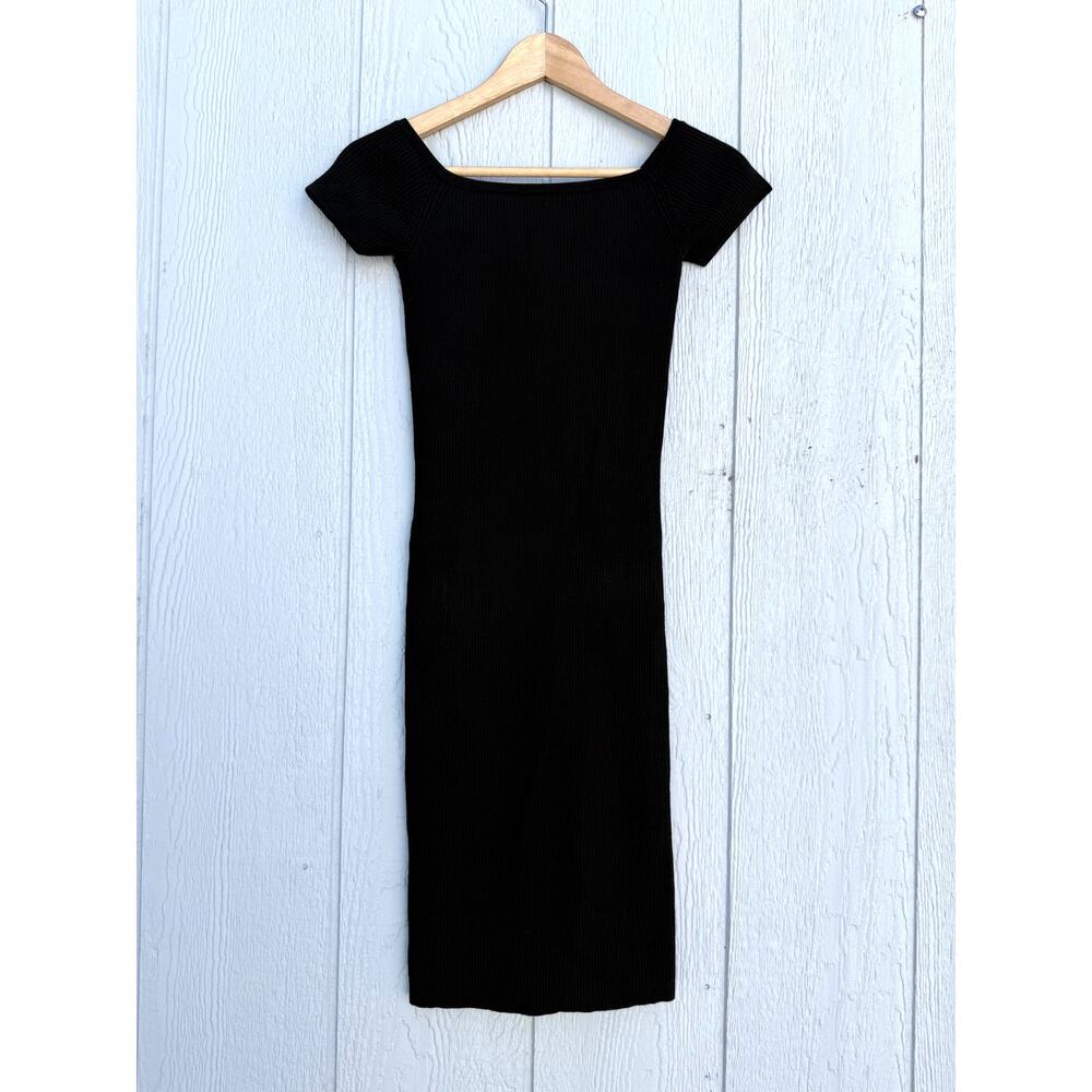 VICTOR GLEMAUD 100% wool thick ribbed black off shoulder mini cocktail dress - Picture 2 of 10